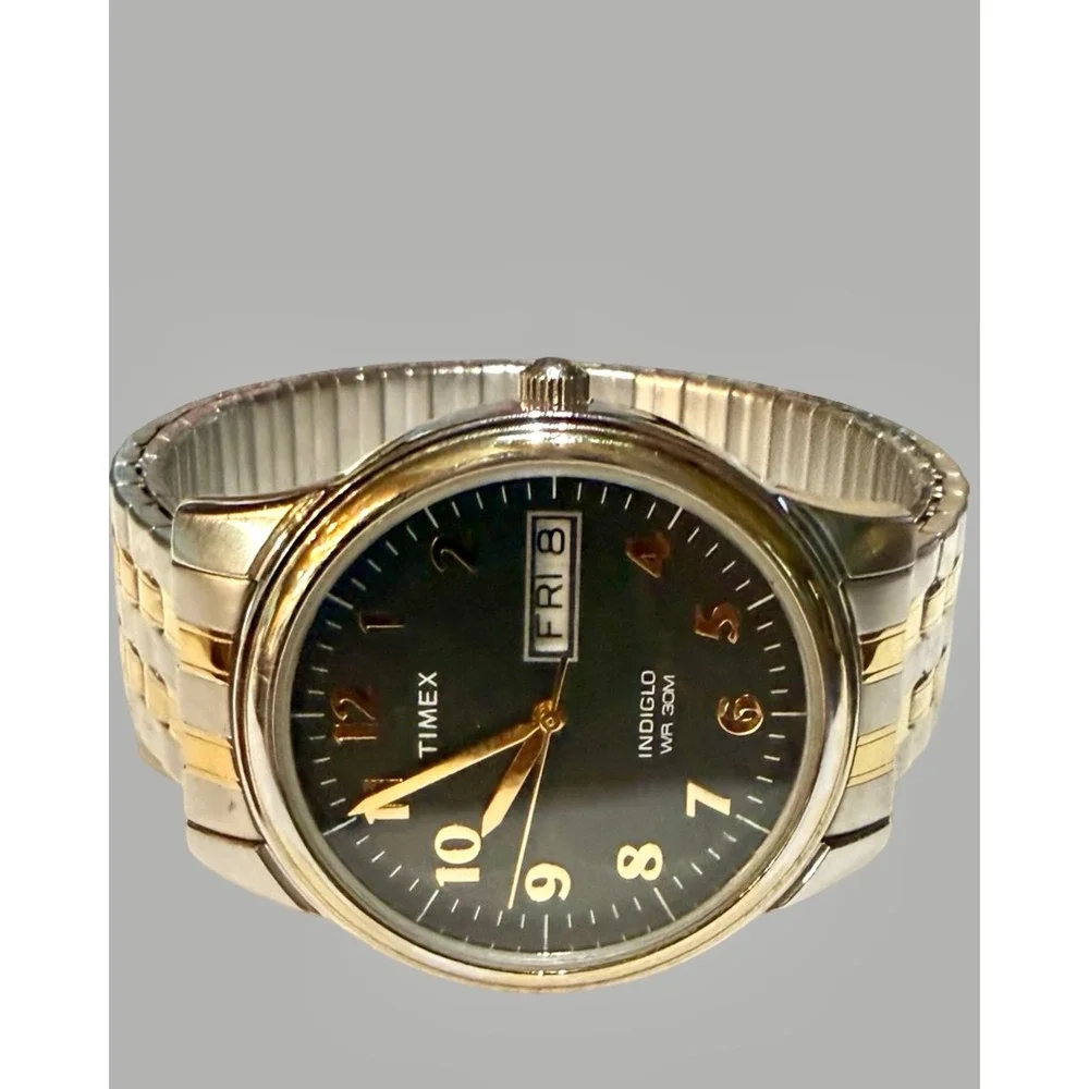 Timex T2G487 Indiglo Day Date Two Tone Stainless Steel Quartz Men's Watch Runs